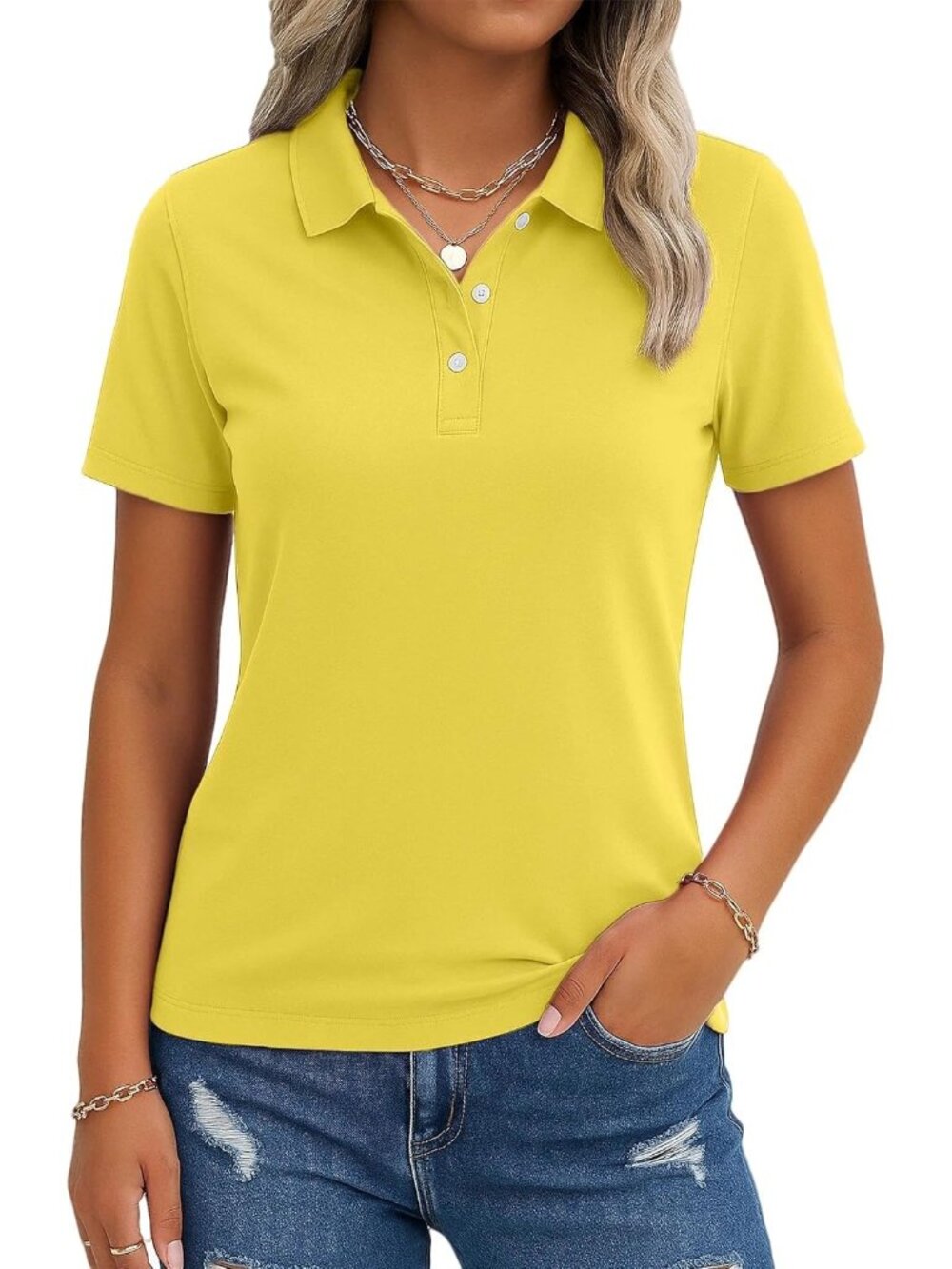 Women's Yellow Polo Shirts Short Sleeve 3-Button UPF50+ Golf Tops Casual Fits